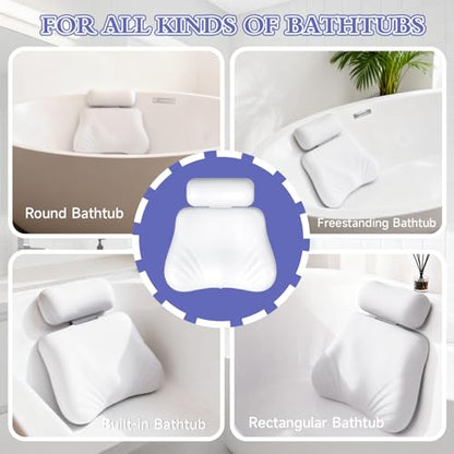 Silicone Bath Pillow, Upgraded Bath Pillows for Tub, Adjustable Height Bathtub Pillow for Head and Neck, 4D Luxury Tub Pillow Skin-Friendly Large Suction Cups Stability, Spa Relaxation-White