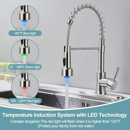 LED Kitchen Faucets with Pull Down Sprayer, Brushed Nickel Modern Single Handle Stainless Steel Pull Out Spring Sink Faucet with LED Light for RV Bar Farmhous Laundry Outdoor - color: Brushed Nickel, style: Classic-LED