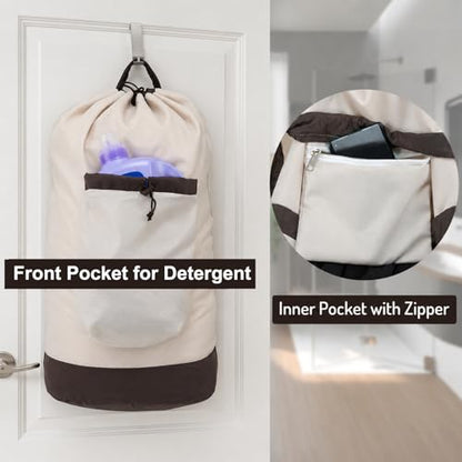 Seiritex Laundry Bag Backpack with Shoulder Straps and Detergent Holder Clothes, Travel Laundry Backpack Bag Hamper for College (Khaki w Brown) - color: Khaki w Brown