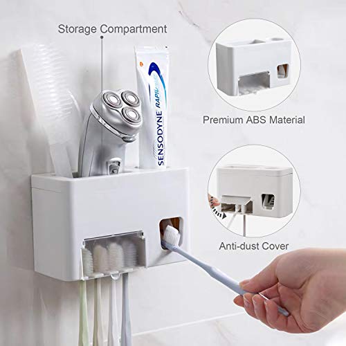 Toothpaste Dispenser Toothbrush Holder Set, Toothpaste Squeezer Tooth Brush Holder Set Holder with Anti-dust Cover, 3-in-1 Wall Mounted Holders with 1 Storage Grids Bathroom Accessories