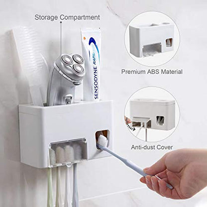 Toothpaste Dispenser Toothbrush Holder Set, Toothpaste Squeezer Tooth Brush Holder Set Holder with Anti-dust Cover, 3-in-1 Wall Mounted Holders with 1 Storage Grids Bathroom Accessories
