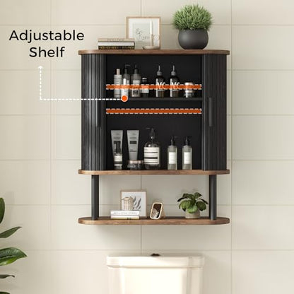 Fluted Bathroom Wall Cabinet, Wall Mounted Medicine Cabinet with Sliding Tambour Door & Adjustable Shelf, 3-Tier Over the Toilet Storage Cabinet for Laundry Room, Kitchen, Black - color: Black