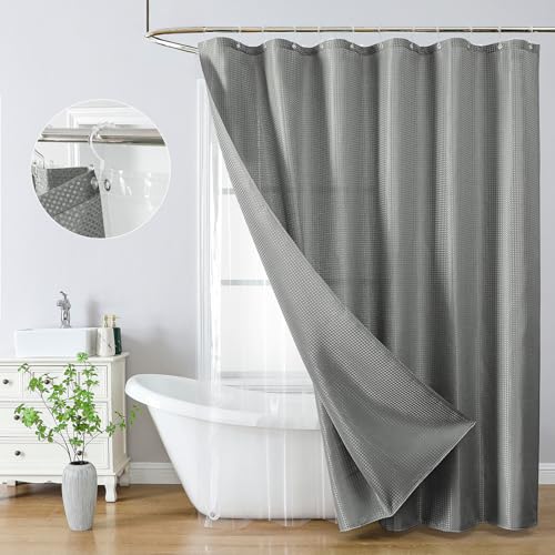 QiyI 3 in 1 Waffle Shower Curtain Set with Liner, Grey, 72 x 72 | Shower Curtain and Liner Set with Hooks, Waterproof Bathroom Curtain with PEVA Liner & 12 Double Sided Clear Plastic Rings - color: Grey, size: 72"W x 72"L (Pack of 1)