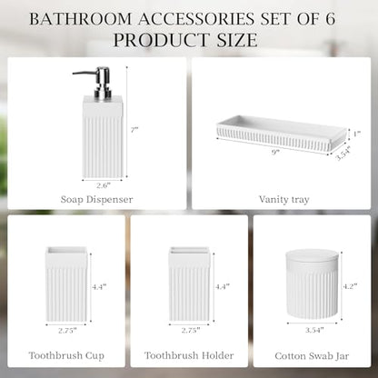 6-Piece White Bathroom Set - Modern Resin Bathroom Accessories Set with Soap Dispenser, Toothbrush Holder, Vanity Tray, Tumbler & Apothecary Jars for Small Spaces - color: White
