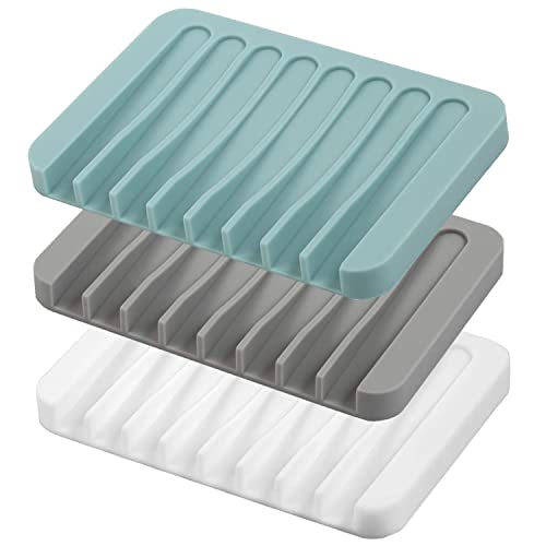 Self Draining Soap Dishes, 3 Pcs Silicone Soap Saver, Waterfall Drainer Soap Holder for Bathroom, Extend Soap Life, Keep Soap Bars Dry Clean & Easy Cleaning (White, Gray, Teal) - color: White/Grey/Teal