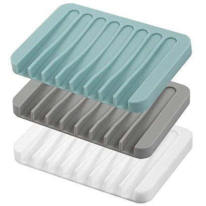 Self Draining Soap Dishes, 3 Pcs Silicone Soap Saver, Waterfall Drainer Soap Holder for Bathroom, Extend Soap Life, Keep Soap Bars Dry Clean & Easy Cleaning (White, Gray, Teal) - color: White/Grey/Teal
