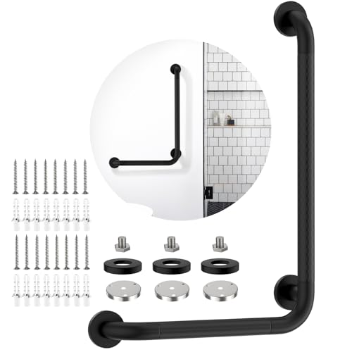 Black Angled Grab Bar 16x24 Inch, L-Shaped Grab Bars for Shower | Bathroom Grab Bar for Senior, Stainless Steel, Anti-Slip Knurled Grip, 1.25" Diameter, Wall Mounted Handicap Bars for Toilet - color: Black, size: 16x24 Inch