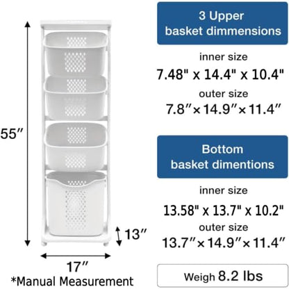 Japard Rolling Laundry Hamper Ultra Slim 22.9 Gal, 4 Sorter Vertical Stackable Baskets with Wheels for Small Space, Dorm, Closet, Bathroom, Easy Assembly White Gray - size: 4 Tier