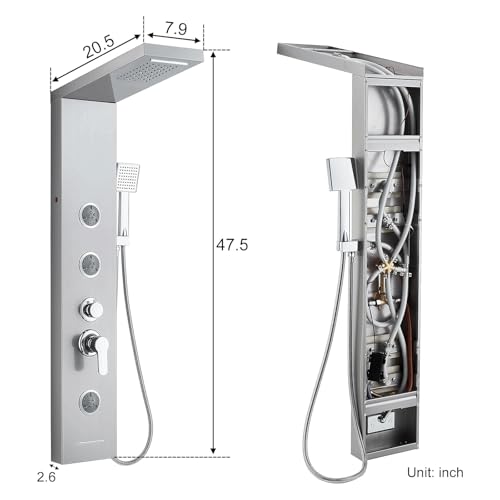 5 in 1 Shower Panel Tower System with LED Lights, Rainfall and Waterfall Shower Head, 3 Pcs Adjustable Body Jets, Handheld Shower, Tub Spout (Brushed Nickel) - color: Brushed Nickel - 2-in-1 Body Jets