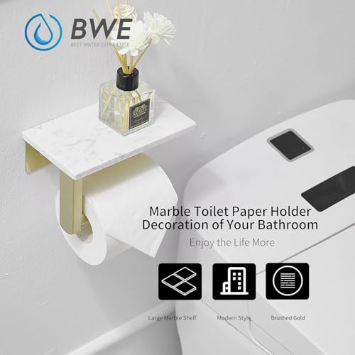 BWE Brushed Gold Toilet Paper Holder with Marble Shelf Wall Mounted | Toilet Paper Roll Holder with Phone Shelf 304 Stainless Steel Tissue Holder for Bathroom Washroom,Saving Space - color: Brushed Gold