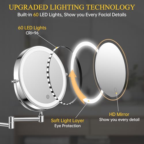 FUNTOUCH 5000mAh Rechargeable Wall Mounted Makeup Mirror with Lights 3X/20X | Double Sided Magnifying,3 Color Lights,Touch Dimmable, Extended Arm 360 Rotation Lighted Bathroom Mirror with Magnification - color: Chrome