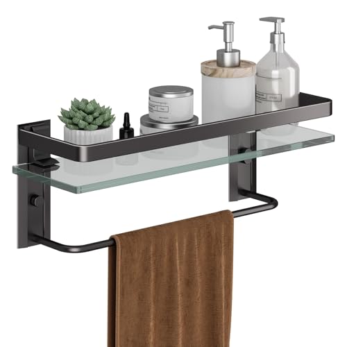 Bathroom Wall Shelf with Towel Bar, Clear Tempered Glass, Hand Towel Holder (Matte Black) - color: Black, size: Shelf with Towel Bar