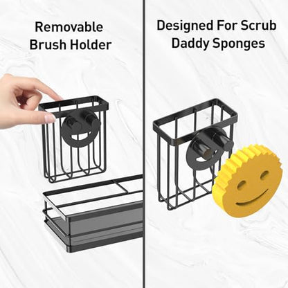 Moforoco Kitchen Dish Soap Dispenser Set, 16OZ Glass Bottle, Hand and Dish Soap Dispenser Set, Instant Dry Tray, Brush Holder with Smiley Face Sponge Holder (Black Tray+Black Bottle) - color: Black Tray+black Bottle