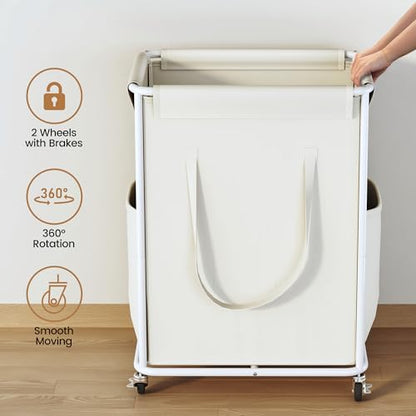 Homeiju 180L Large Laundry Hamper with Wheels, Rolling Laundry Basket with Metal Frame and Removable Bag Design, Dirty Clothes Laundry Cart for Bathroom, Dorm Room, Laundry Room, White - color: White