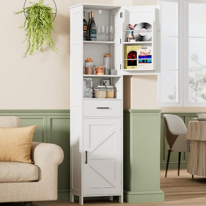 67" Tall Bathroom Storage Cabinet with Adjustable Shelf, Narrow Cabinet | Farmhouse Kitchen Cabinet with 2 Doors, Narrow Floor Cabinet for Kitchen, Bathroom, Dining Room, Laundry Room, White