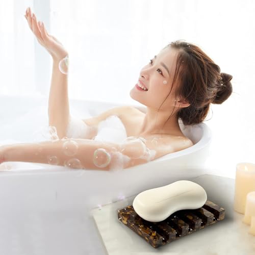Draining Resin Soap Dish Tray for Shower & Sink, Tiger’s Eye Look Embedded Speckle Design, Quick‑Drain Ridges Keep Bar Soap Dry, Non‑Slip Feet, Gift‑Ready Box, vinsiora Single Soap Holder