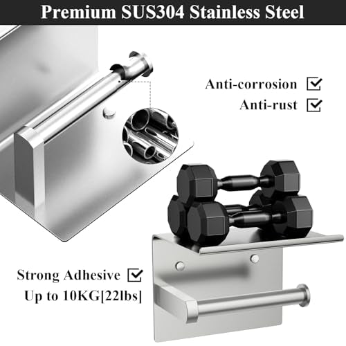 Tindbea Mega Size Toilet Paper Holder with Shelf + Towel Robe Hooks, Adhesive or Screw Wall Mounted Toilet Paper Roll Holder, Stainless Steel Bathroom Hardware Set (Brushed Nickel) - color: Brushed Nickel, size: Large
