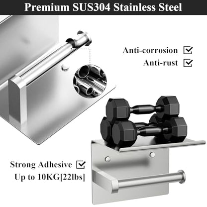 Tindbea Mega Size Toilet Paper Holder with Shelf + Towel Robe Hooks, Adhesive or Screw Wall Mounted Toilet Paper Roll Holder, Stainless Steel Bathroom Hardware Set (Brushed Nickel) - color: Brushed Nickel, size: Large