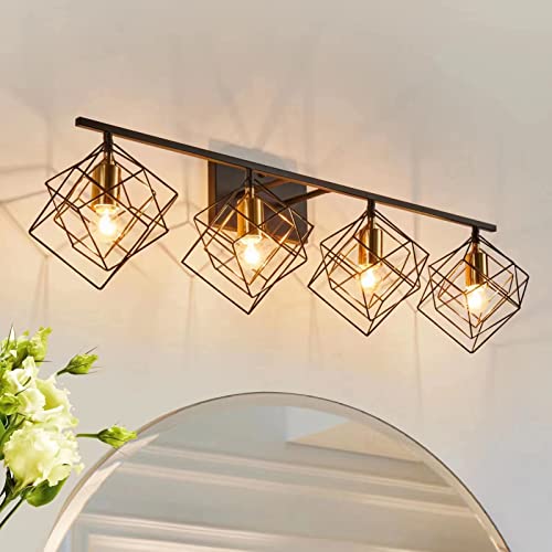 4 Light Vanity Light for Bathroom,Bathroom Light Fixtures Over Mirror with Rotatable 4 Cube Shades, Modern Wall Mounted Lights Matte Black,Industrial Black Vanity Light for Hallway Living Room - color: Matte Black With Pineapple Gold, size: 4-Lights ( 38"
