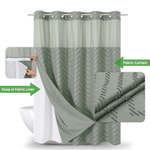 eachope No Hook Tufted Chevron Striped Shower Curtain with Snap-in Fabric Liner set-71Wx74H(72H),Sage Green Hotel Grade Boho Style Shower Curtain with See Through Top Window,Water Repellent - color: Sage Green, size: 71"W x 74"L (Pack of 1)