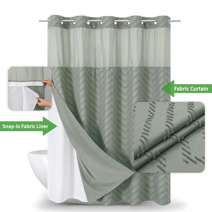 eachope No Hook Tufted Chevron Striped Shower Curtain with Snap-in Fabric Liner set-71Wx74H(72H),Sage Green Hotel Grade Boho Style Shower Curtain with See Through Top Window,Water Repellent - color: Sage Green, size: 71"W x 74"L (Pack of 1)