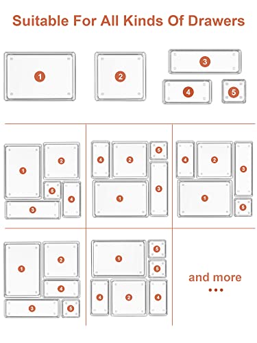 SMARTAKE 16 PCS Drawer Organizer, 5-Size Desk Bathroom Drawer Organizer | 5-Size Storage Tray with Non-Slip Silicone Pads for Makeup, Jewelries, Utensils in Bedroom Dresser, Office and Kitchen, Clear - size: Medium