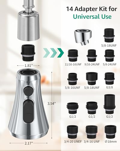 Mbillion Universal Polished Chrome Kitchen Faucet Head Replacement | 3 Function ABS Sink Faucet Head, Pull-Down Nozzle with 14 Adapters, Compatible with Moen,Delta,Kohler,WEWE American Standard - color: Polished Chrome