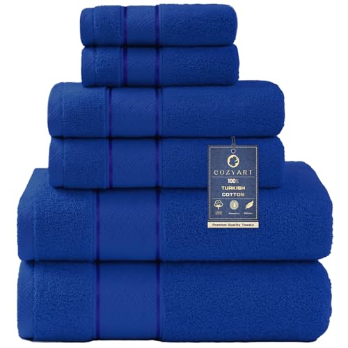 COZYART Bath Towel Set 6 PCS, Royal Blue Luxury 100% Turkish Cotton 650GSM | Soft Absorbent Quick Dry, OEKO‑Tex 100 Cert. Zero Twist Ring Spun Cotton, Plush Fluffy, Breathable Hotel Quality Towels Set - color: Royal Blue