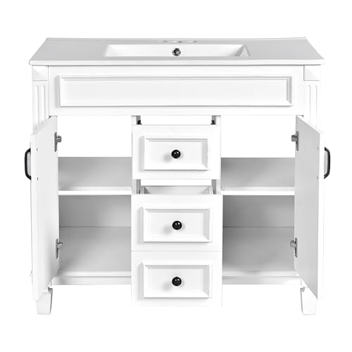Merax 36" Bathroom Vanity with Sink, 2 Doors & 2 Drawers Storage Cabinet | Freestanding Single Bathroom Sink Vanity Cabinet Set with 36" Ceramic Sink (Sink Cabinet Only, White) - color: White, style: Sink Cabinet Only
