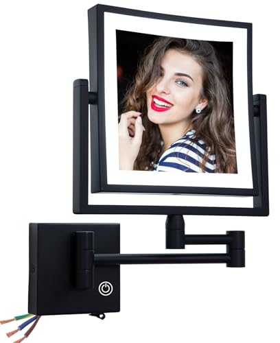 Direct Wire Makeup Magnifying Mirror Wall Mounted, 8 Inch Double Sided 1X/3X Magnification, Touch Dimmable, Brass 360 Swing Extension Arm, Square Frame, Brighter 7W LED Light, Matte Black - color: Matt Black