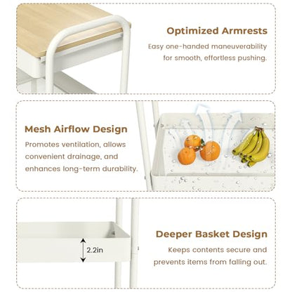 3 Tier Rolling Cart with Wooden Table Top, White Rolling Utility Cart with Drawer & Locked Wheels, Easy Assembly for Nursery, Living Room, Studio - color: White