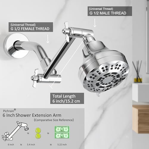 6 Inch Adjustable Shower Head Extension Arm, All-Metal Shower Arm Extender with Locking Set Screw for Rainfall, Fixed, Handheld Showerheads, G1/2 Universal Thread, Easy Installation, Chrome - color: CP, style: 6 Inch