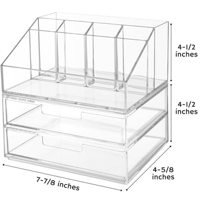 STORi Stackable Desk and Drawer Organizer, Clear Pen Pencil Makeup Brush Holder for Desktops and Vanities, 6 Compartment Caddy with 2 Wide Drawers (Made in USA) - style: Organizer & Drawer Set