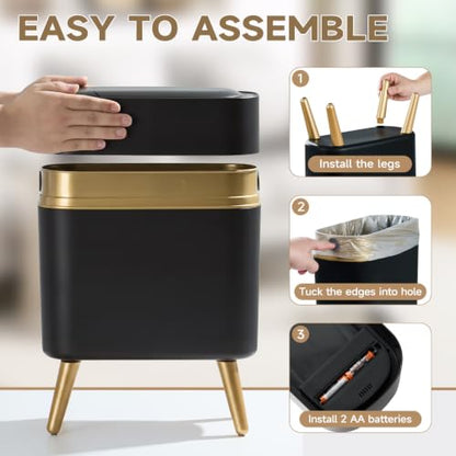 Black and Gold Sensor Trash Can Bathroom,Smart Plastic Wastebasket | Waterproof,Narrow,Motion Sensor, Convenient and Hygienic Easy to Use，2.6 gallon Small Garbage Can for Office,Bedroom,Kitchen - color: Black