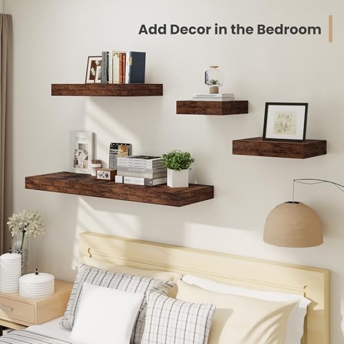 Heimlove 12 Inch Deep Floating Shelves,12 Inch Wide Small Wall Shelves Set of 2, 2 Inch Thick Invisible Wall Mounted Shelves for Bathroom Bedroom Nursery,Rustic Brown - color: Rustic Brown, size: 12"W x 12"D x 2"H, Set of 2