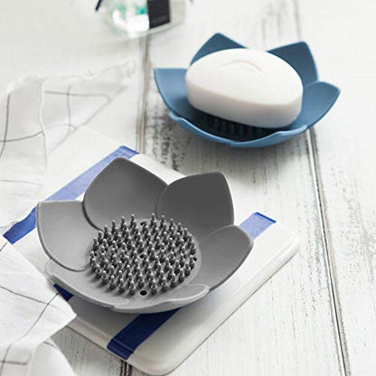 3 Pack Soap Dish Holder, Bar Soap Tray with Drain, Lotus Silicone Soap Saver Case for Shower Bathroom (Blue, Green, Grey) - color: Blue, Green, Grey