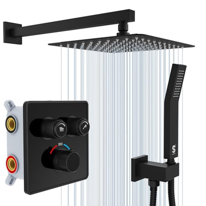 SR SUN RISE 100℉ Brushed Matte Black Shower System,10 Inch | Luxury Rainfall Shower Head,High-Pressure Handheld Shower,Soild Brass,Wall Mount,Valve and Trim Kit Included - color: Classic Matte Black, style: 10"