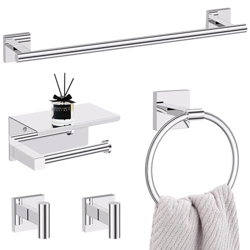 Lairuier Bathroom Hardware Set Polish Chrome, Towel Holder Set Wall Mounted | Bathroom Accessories Set, SUS304 Stainless Steel 23.6" Towel Bar, Toilet Paper Holder with Shelf, Towel Ring and Towel Hooks - color: Polished Chrome, size: 5 Pieces - With Shel