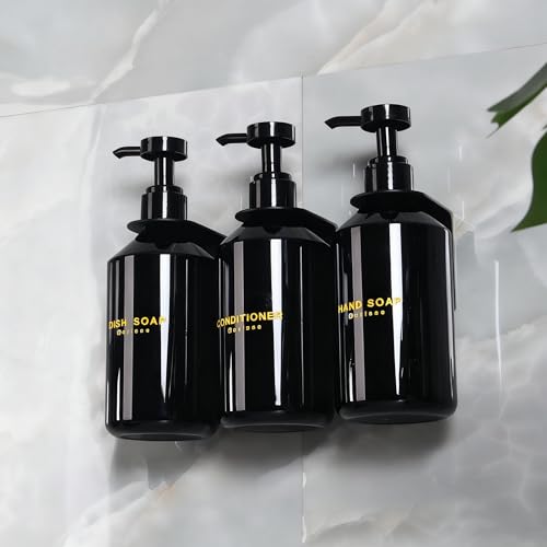 Wall Mounted Shampoo Dispenser for Shower, 3 Chamber 16.9 fl oz Each, 4CC Pump Soap Dispenser for Bathroom, Glossy Black Shampoo and Conditioner Dispenser with Crystal Labels (Black) - color: Black