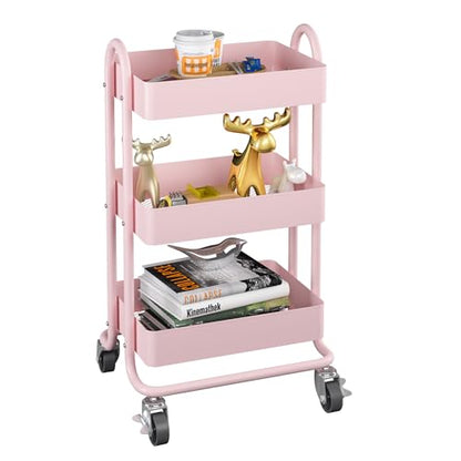 MIOCASA 3-Tier Metal Utility Rolling Cart, Heavy Duty Multifunction Cart with Lockable Casters, Easy to Assemble, Suitable for Office, Bathroom, Kitchen, Garden - style: Pink