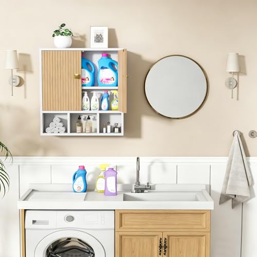 Bathroom Wall Cabinet,Wooden Medicine Cabinet with Fluted Doors Over The Toilet Storage Cabinet with Adjustable Shelf for Bathroom,White - color: White-wood Block