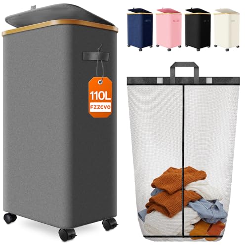 Laundry Hamper with Wheels, 110L Large Clothes Hamper with Removable Inner Bag, Collapsible Dirty Clothes Basket for Dorm, Rolling Dirty Clothes Basket for, Bedroom, Bathroom, Laundry Room - color: Gray, size: 110L
