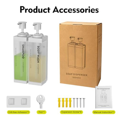 Wall Mounted Lockable Shampoo and Conditioner Dispenser | 17oz Large Pump Head No Drill Refillable ABS Plastic Bottle For Bathroom Shower Commercial Use White 2 Pack - color: White, size: 2