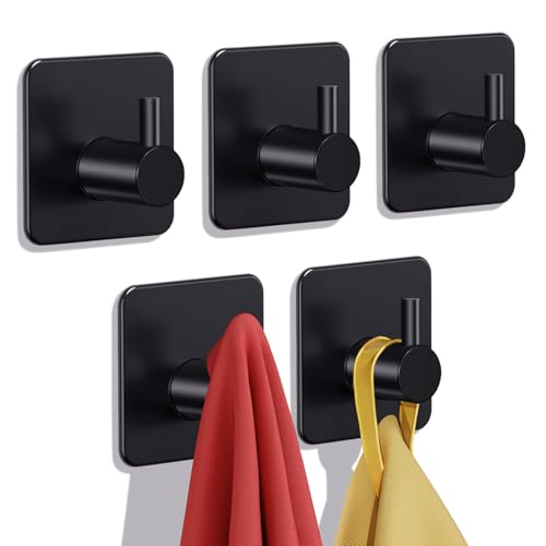 Auxmir Heavy Duty Adhesive Hooks, 5 Pack Stainless Steel Hooks 22 lb, Black | 22 lb max capacity, SUS304 stainless steel, no-drill installation, waterproof and rust-resistant for towels, robes and coats - color: 1.8"x1.8"- Black