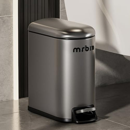 MRBIN Stainless Steel Slim Bathroom Trash Can with Lid, 6L / 1.6Gal Step Narrow Waste Basket Covered Odorless Dustbin with Inner Bucket for Bedroom, Kitchen, Vanity, Office, Eclipse-Grey - color: Eclipse Grey - 1.6 Gallons, style: Arc Lid