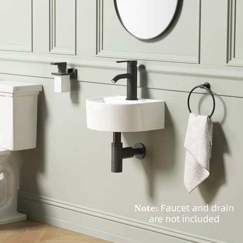 Wall Hung Bathroom Vessel Sink, QISHKA 12.5" X 11.5" Semi-Oval Floating Ceramic Wash Hand Basin White Wall Mount Vanity Sink for Small Bathroom and Small Cloakroom - size: 12.5" x 11.5" x 5.2"