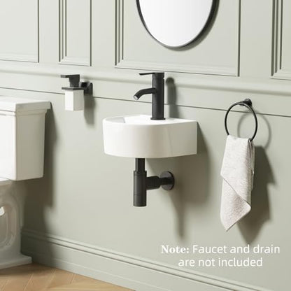 Wall Hung Bathroom Vessel Sink, QISHKA 12.5" X 11.5" Semi-Oval Floating Ceramic Wash Hand Basin White Wall Mount Vanity Sink for Small Bathroom and Small Cloakroom - size: 12.5" x 11.5" x 5.2"