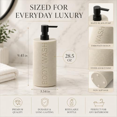 Resin Tan Sandstone Body Wash Engraved Bottle Refillable Pump Dispenser, Durable Waterproof Resin Construction for Bath, Shower - Tan Sandstone, ORB Pump - color: Tan Sandstone Resin, Orb Pump - Body Wash