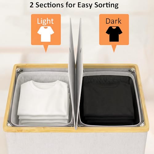 efluky Laundry Hamper with Lid, Double Laundry Basket with 2 Removable Bags, 2 Section Laundry Bin with Bamboo Handles for Bathroom, Bedroom & Laundry Room, 140L (36.9 Gallon) Light Grey - color: Light Grey, size: 140L Dual