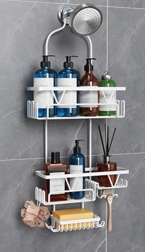 DAOYA Over the Shower Head Caddy, White Shower Caddy Hanging, 3 Tier Anti-Swing Bathroom Organizer with Soap Holder & Hooks - color: White, size: XL